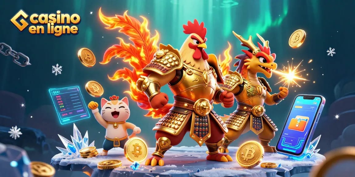 Plongez dans le monde des jeux de casino en ligne avec un guerrier combattant, un dragon et des éléments de crypto-monnaie scintillants.