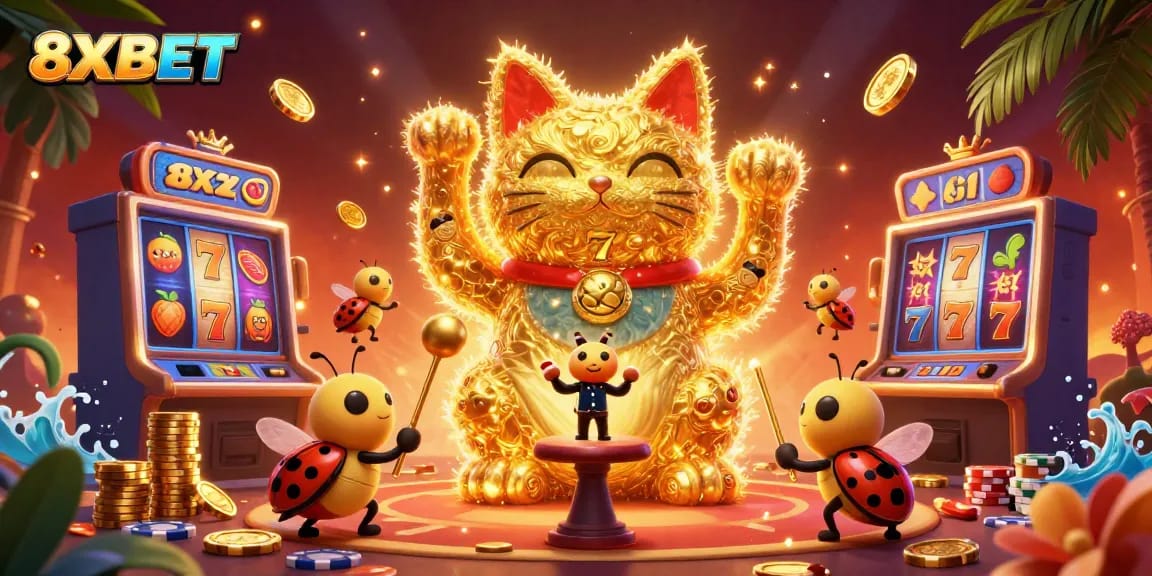 Experience the excitement of 8XBET with colorful casino elements, featuring a lucky cat and a conductor in a vibrant setting.
