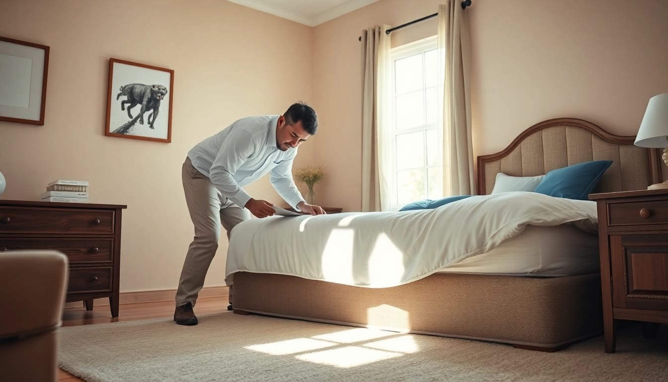 Bed bug exterminator analyzing a bedroom for infestations, ensuring comfort and cleanliness.