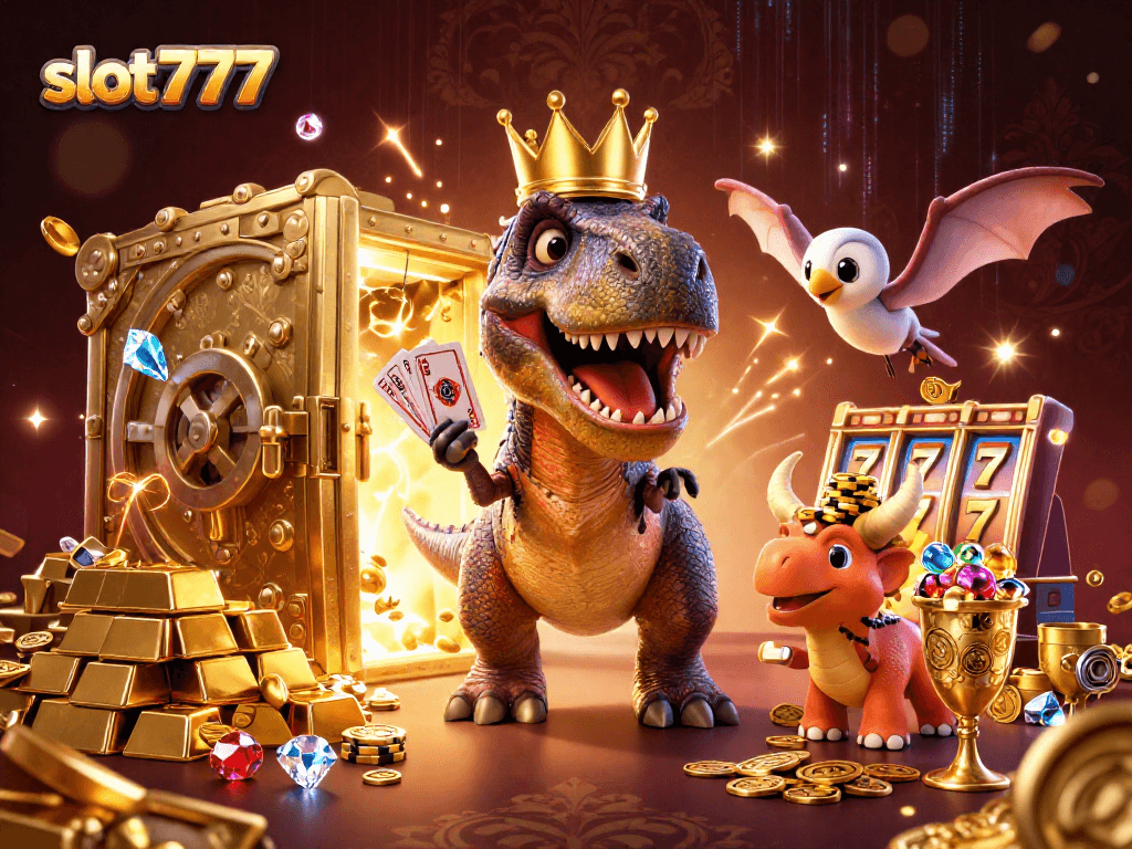Experience thrilling gameplay with slot777 featuring a T-Rex shuffling cards and a triceratops stacking chips.