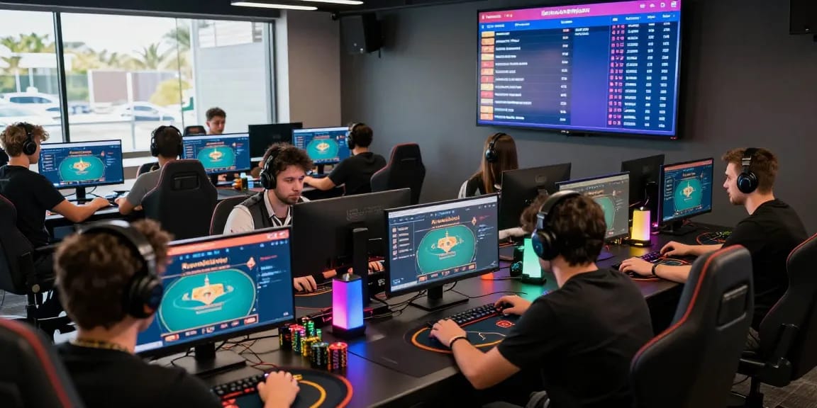 홀덤사이트에서 온라인 포커를 즐기는 다양한 플레이어들, 경쟁적인 분위기 속에서 Revolution Poker 인터페이스를 보여줌