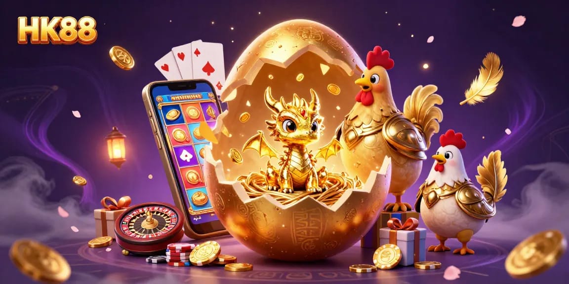 Experience HK88's vibrant online casino atmosphere with a golden dragon revealing thrilling gaming opportunities.