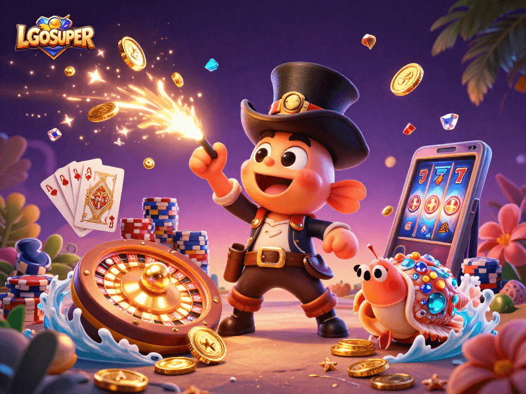 Experience the enchanting LGOSUPER slots with dazzling golden coins and vibrant characters.