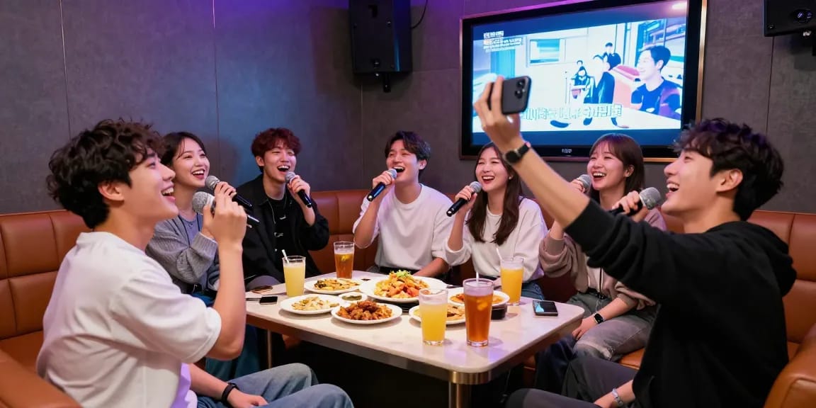 인천쓰리노에서 친구들과 즐거운 시간을 보내는 모습, 현대적인 인테리어와 편안한 좌석, 색색의 조명이 어우러진 분위기입니다.