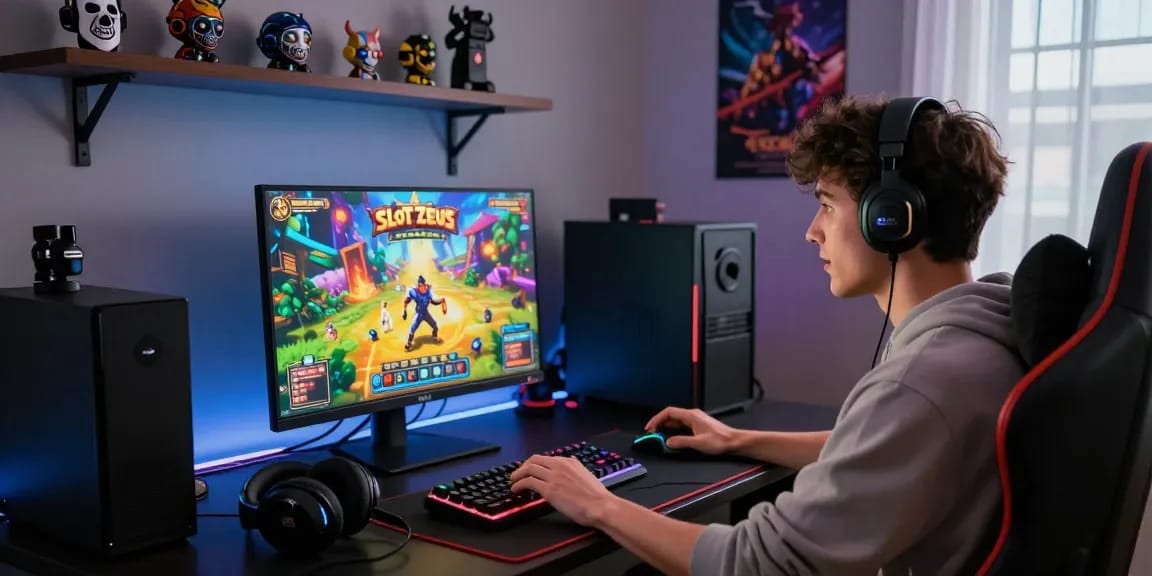 Excited player enjoying Slot Zeus game in modern gaming setup