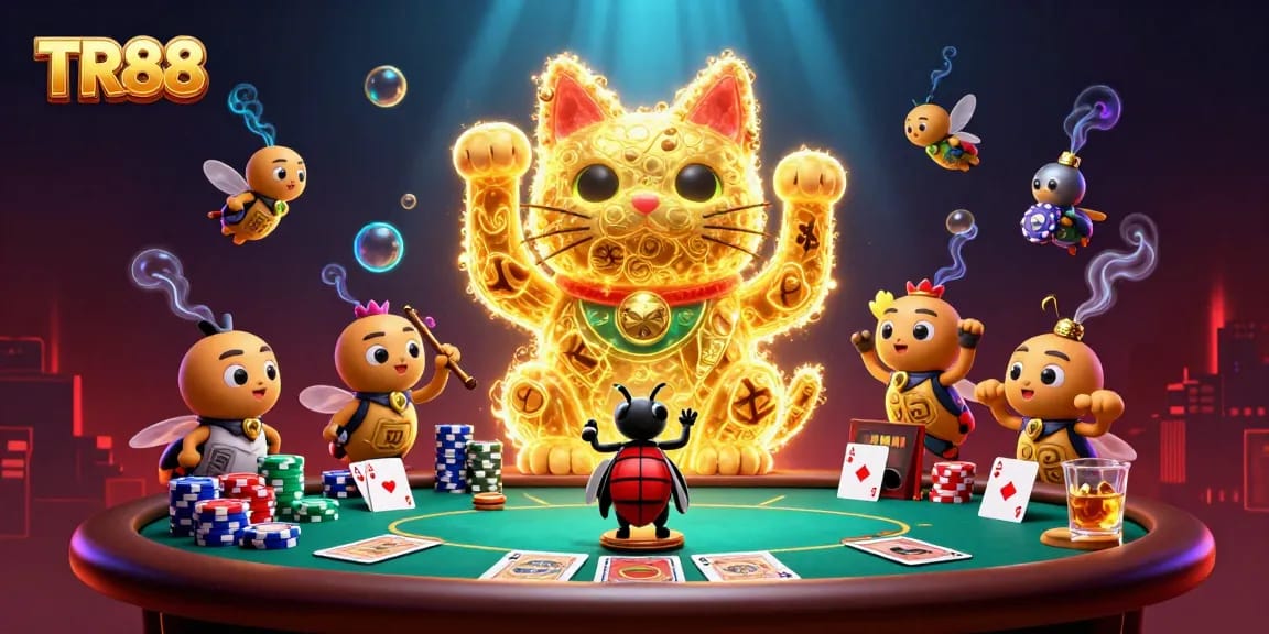 Experience the excitement of TR88 as golden fireflies wave and shift into casino symbols in this vibrant 3D illustration.