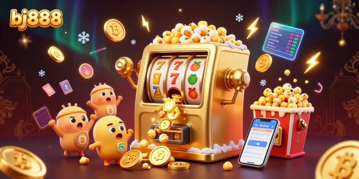 Experience the excitement with bj888 as the golden slot machine hits the jackpot, surrounded by cheering baby slots and crypto elements.
