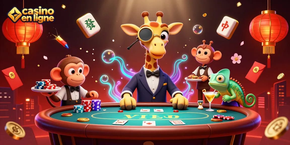 Visualisez le casino en ligne avec une girafe élégante, un valet et un barman coloré.