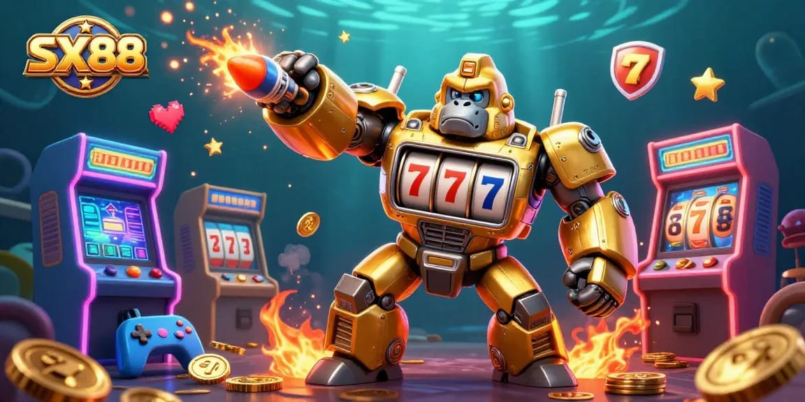 SX88 brings exciting gaming action with a golden mech and slot machines, representing thrilling casino entertainment.
