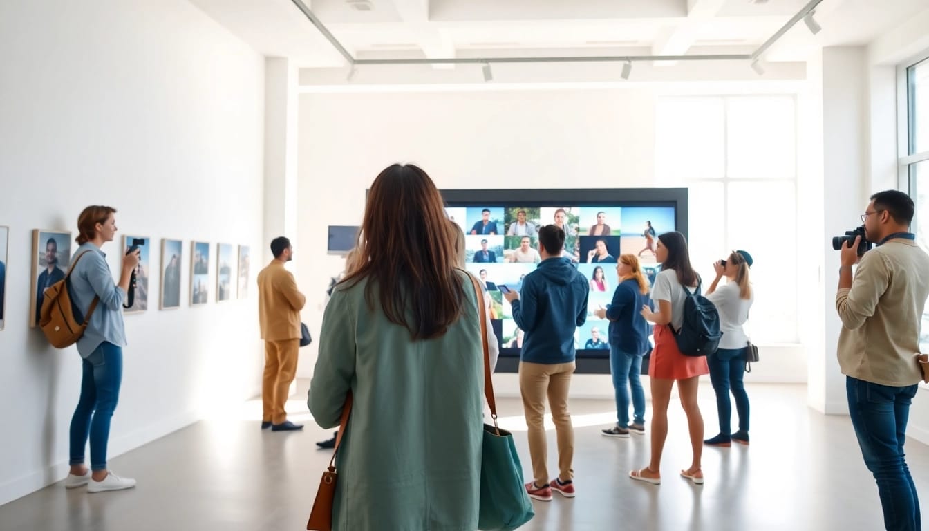 Engaging interactive photo wall showcasing users enjoying a vibrant display of photos.