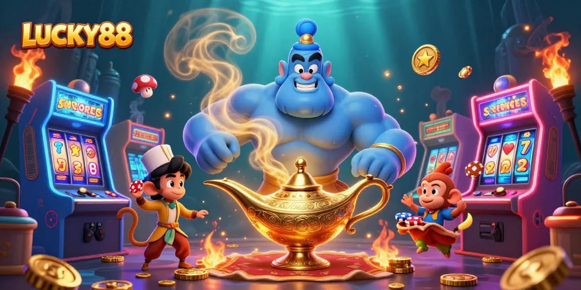 Experience LUCKY88's vibrant casino world with its majestic genie and thrilling game elements.
