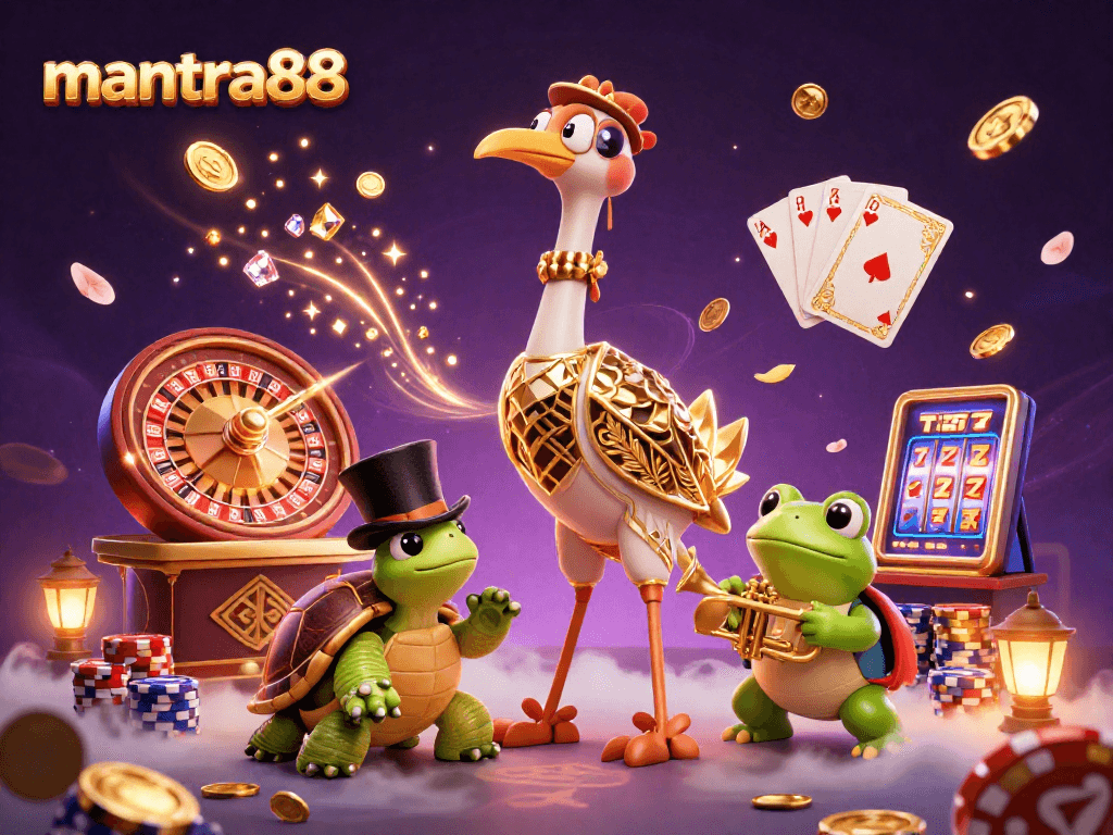 Experience the vibrant flair of mantra88 with a dazzling speakeasy scene featuring colorful characters and casino elements.