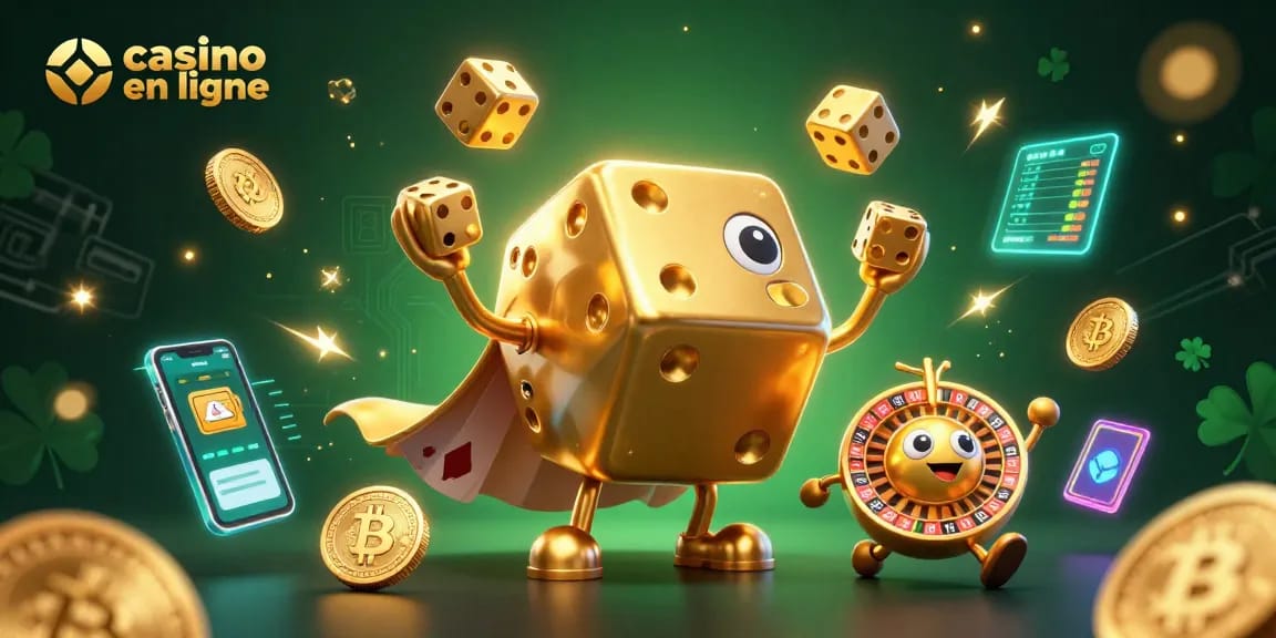 Jouez à casino en ligne avec un golem de dés dorés entouré de pièces de crypto.
