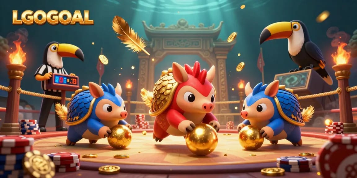 Experience thrilling gambling action with LGOGOAL in a vibrant illustration featuring competitive pangolins and casino elements.