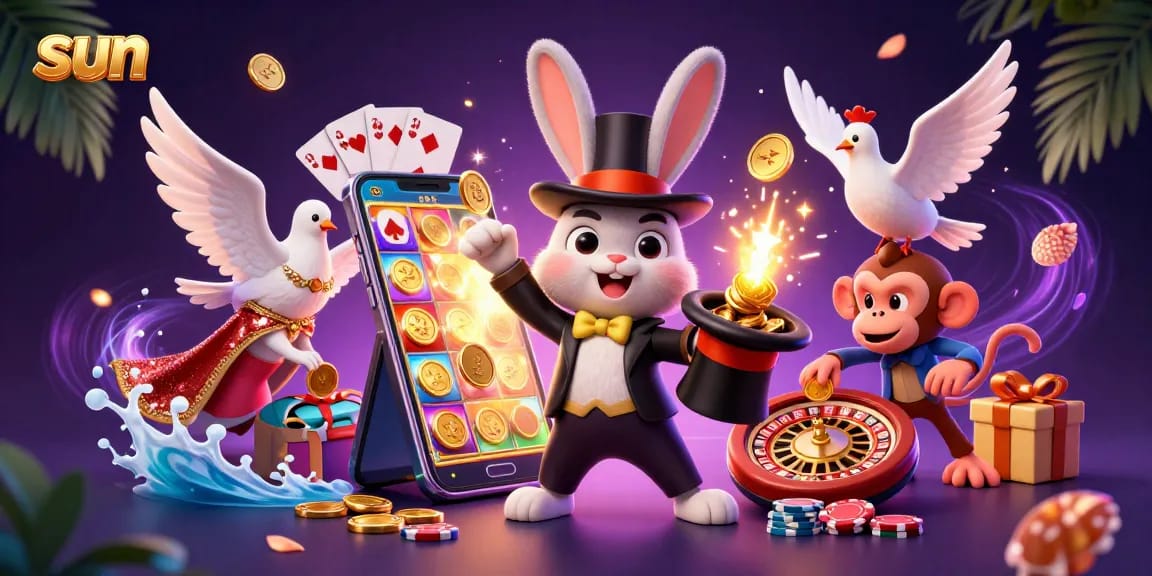 Experience thrills at sun casino with a cartoon magician rabbit pulling coins for epic slots.