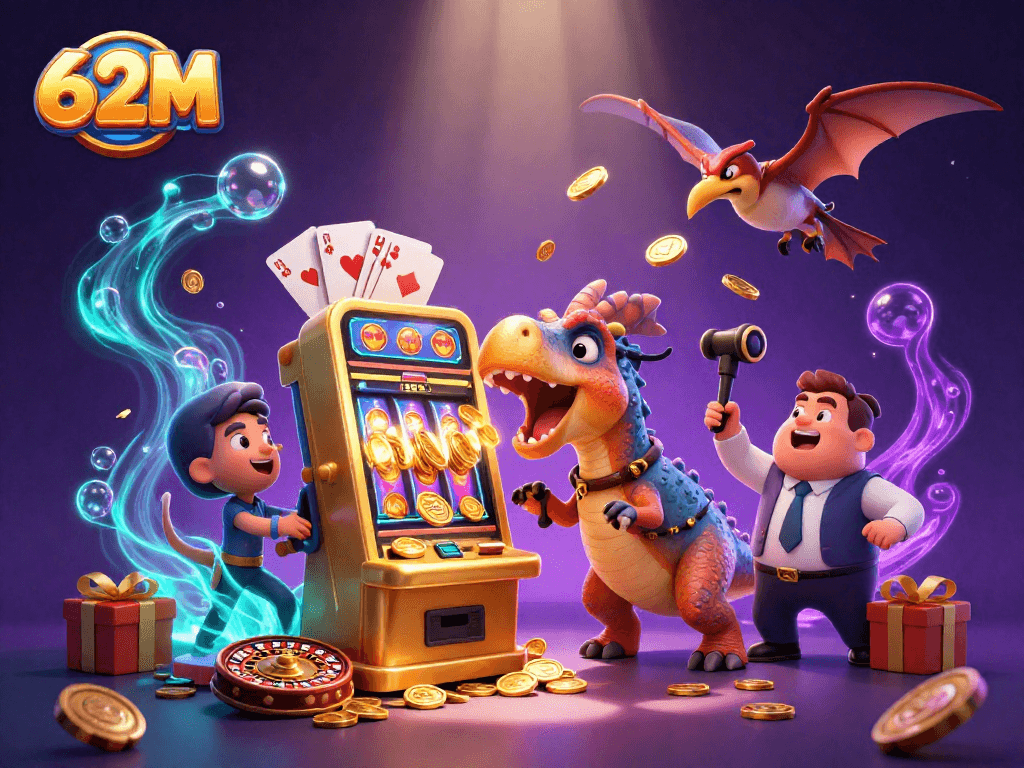 O 62M revela um dinossauro em um cassino, atacando uma máquina caça-níqueis com um jackpot de moedas.
