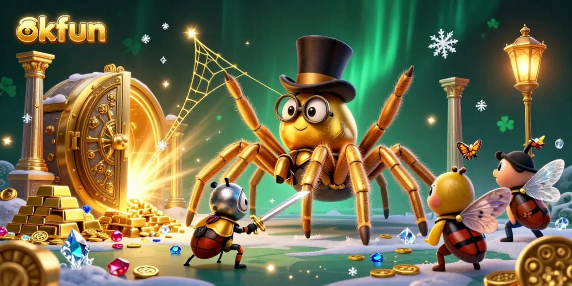 Engage in thrilling casino action at okfun with a vibrant 3D scene showcasing poker elements and treasure.