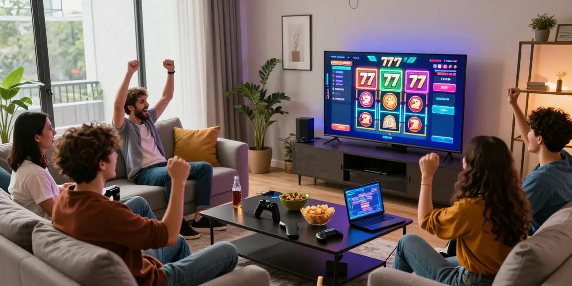 Friends celebrating a big win while playing slot777 game in a modern living room.
