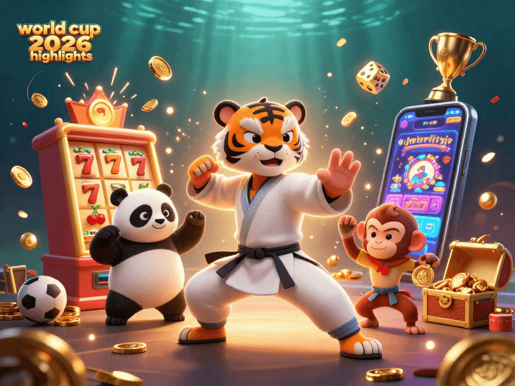 Experience world cup 2026 highlights with a kung fu tiger, panda, and monkey amidst casino excitement.