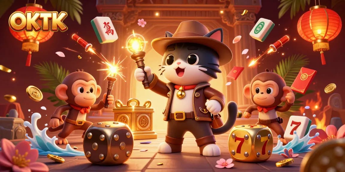 Engage with OKTK's captivating scene, featuring an archaeologist cat and dynamic casino elements.