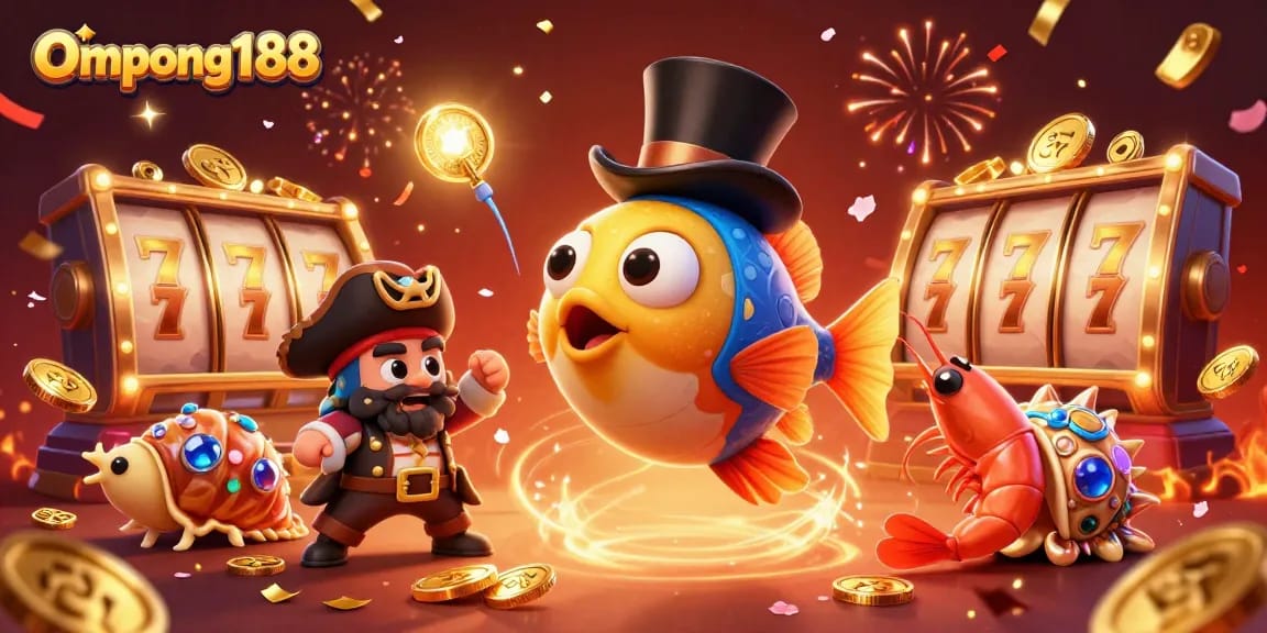Menangkan permainan di Ompong188 dengan ilustrasi ceria yang menampilkan ikan angler dan teman-temannya.