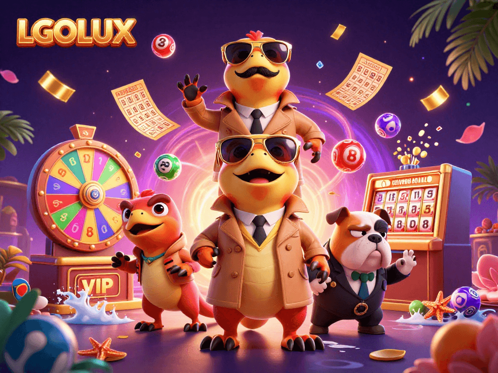 Engage with LGOLUX's vibrant slot scene featuring animated raptors, lottery elements in action.