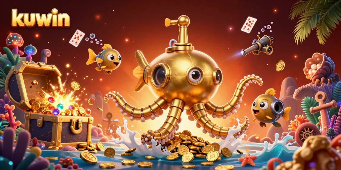 Kuwin's golden kraken submarine and mechanical fish highlighting thrilling casino adventure amidst gold and treasures.