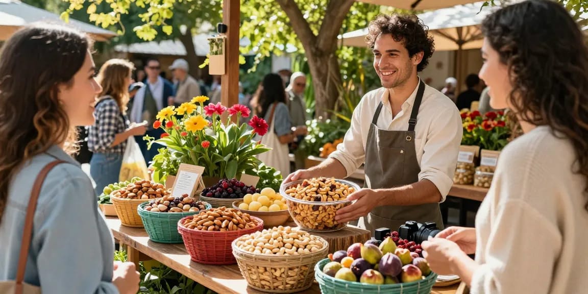 Fresh mixed nuts and dried fruits at market, M98 ฝาก-ถอน highlights healthy snack options.