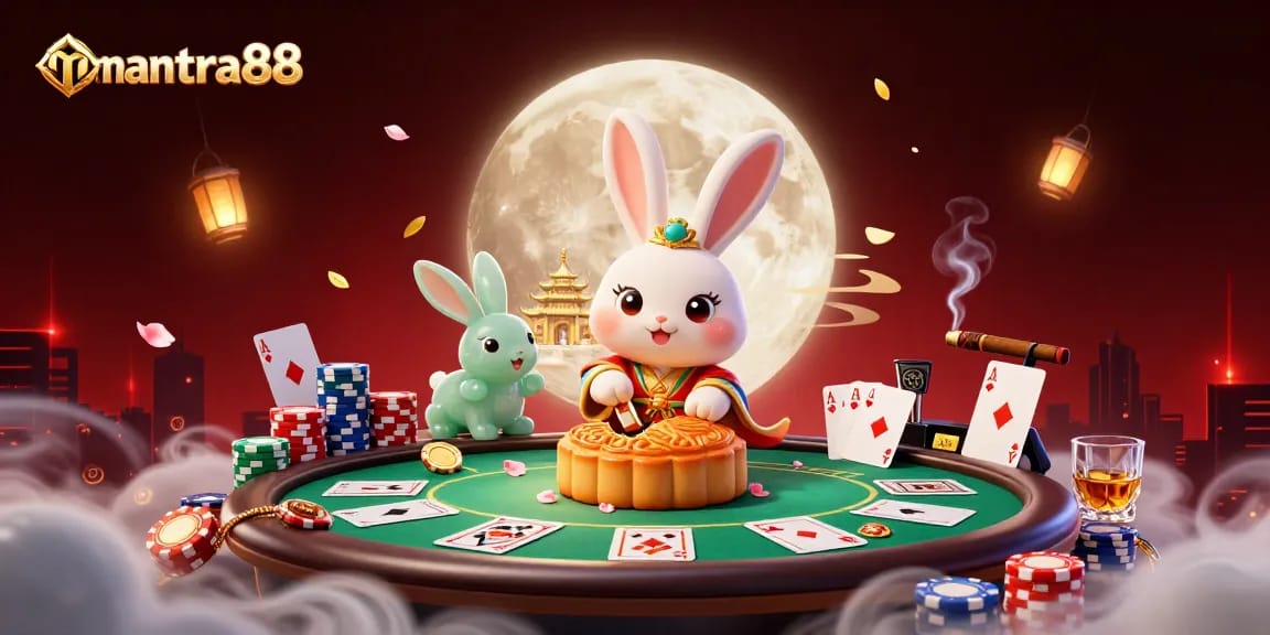 Win big with mantra88 in this vibrant illustration featuring a lively casino scene.