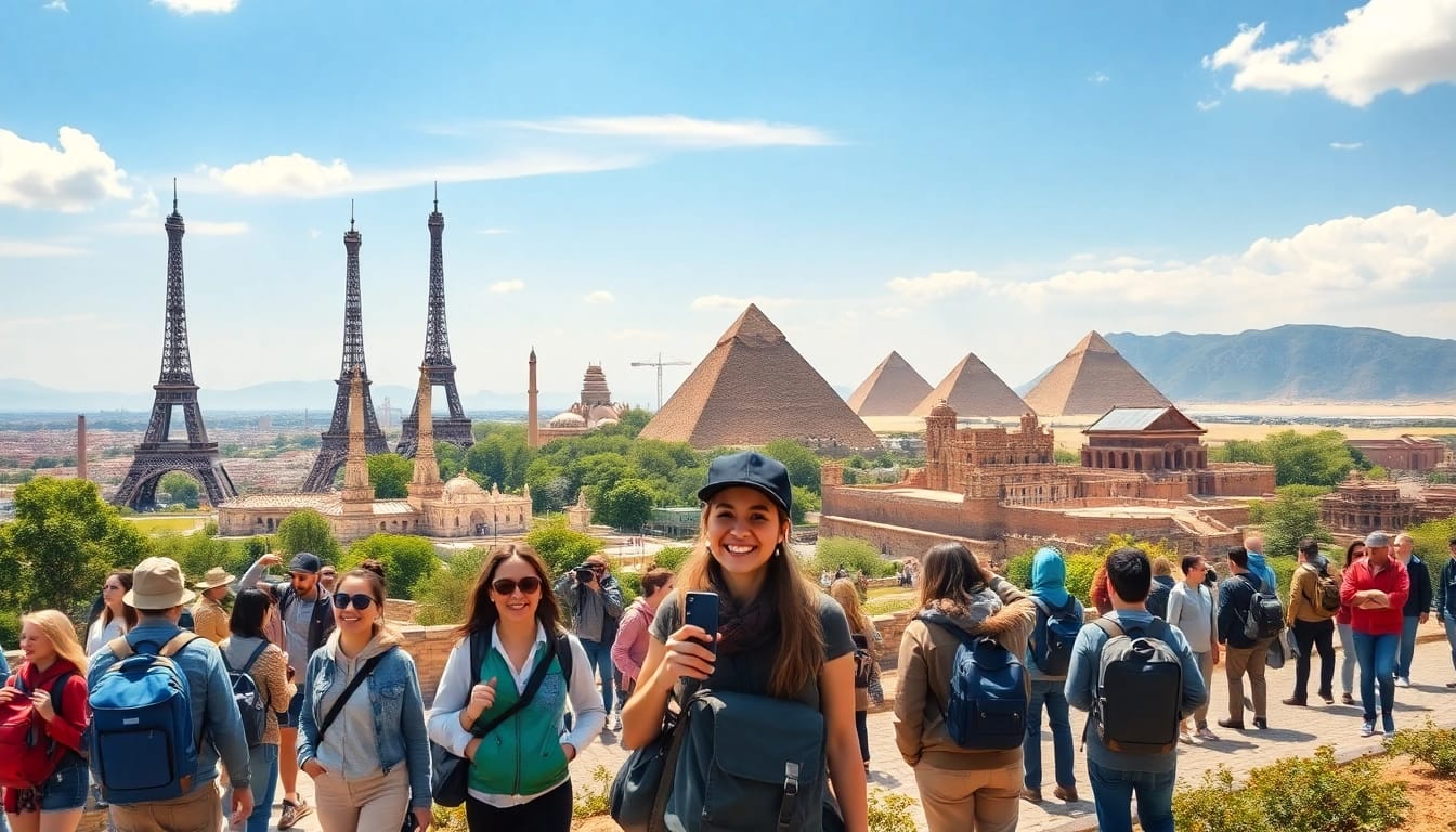 Engaging moment showcasing round the world destinations with travelers exploring iconic attractions.