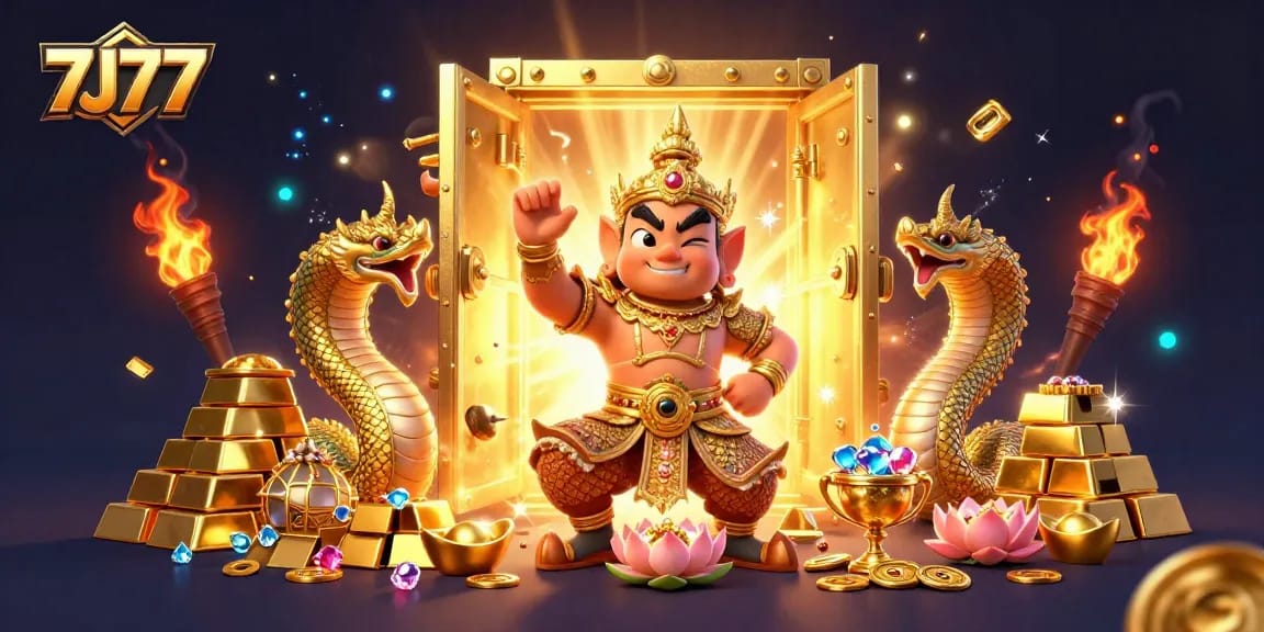 Engage with 7J77 treasure vault, vibrant guardian, and dynamic casino elements for a thrilling experience.
