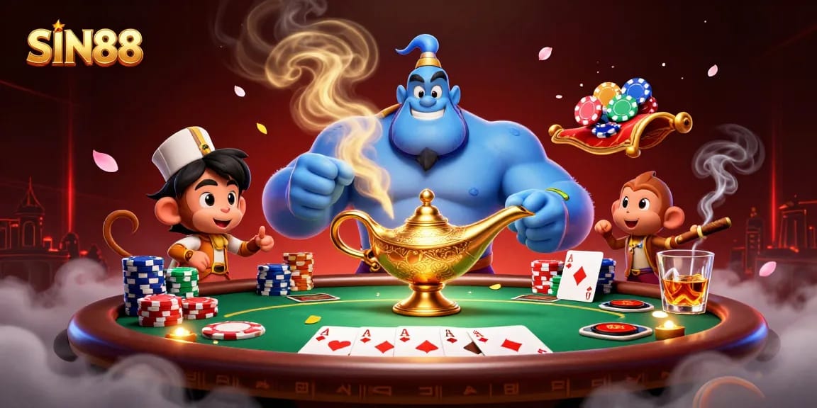 SIN88 showcases a vibrant casino scene with a cartoon genie, poker chips, and lively poker action