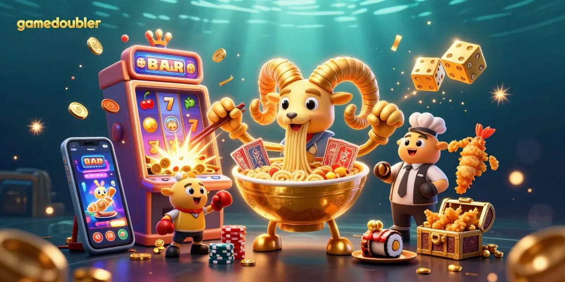 Experience thrilling gaming at gamedoubler with vibrant illustrations of characters and casino elements.