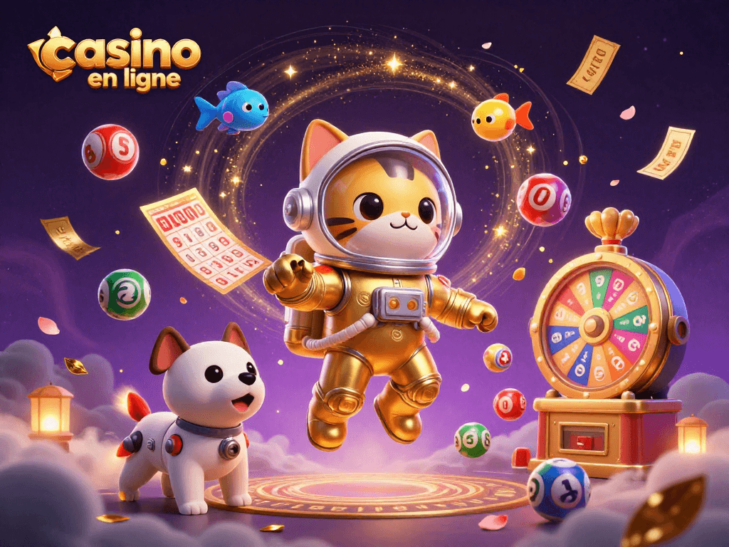 Expérimentez le casino en ligne avec notre illustration ludique de jeux et gains.