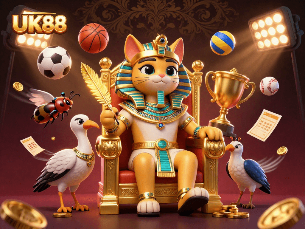 Experience exciting sports betting with UK88 featuring a pharaoh cat and dynamic casino elements.