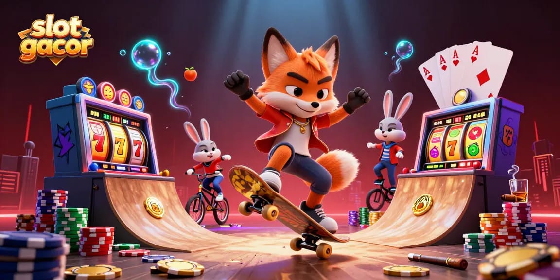 Engage with slot gacor gaming adventures featuring a vibrant 3D fox and rabbit in a dynamic casino scene.