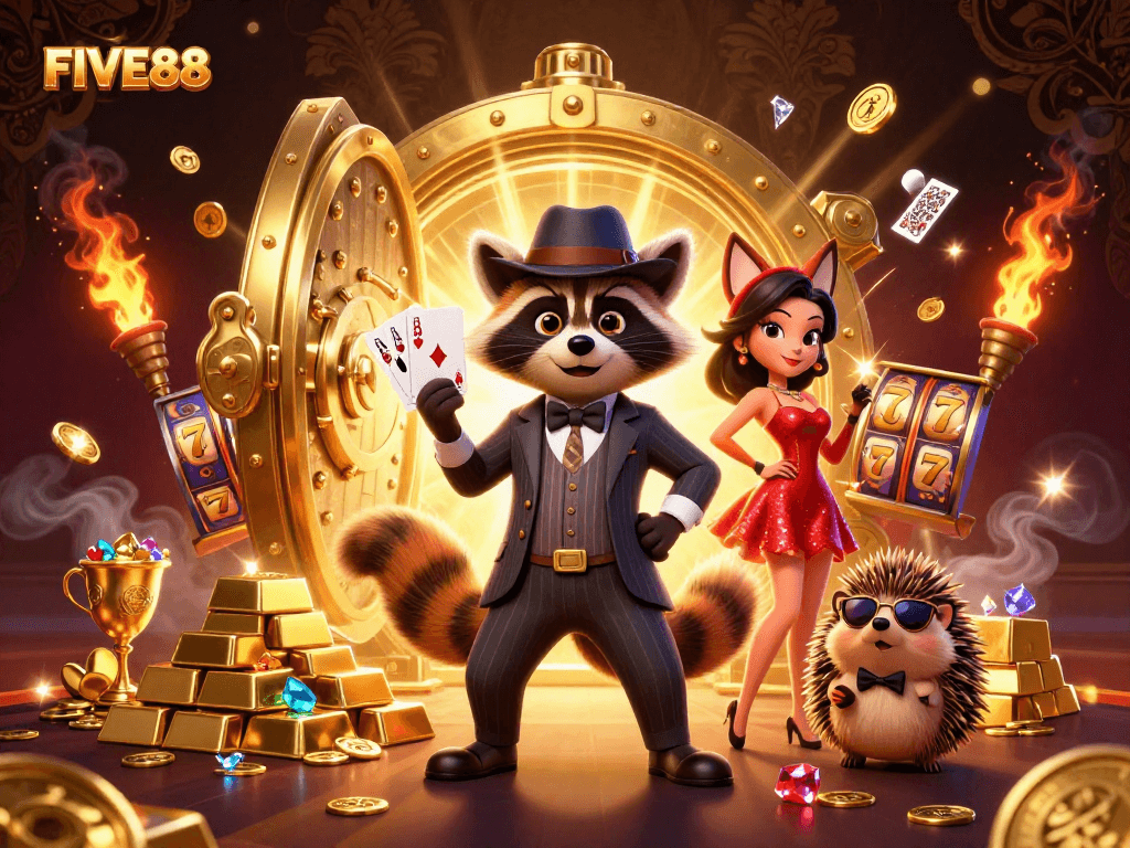 Engage in thrilling FIVE88 casino adventures with charismatic raccoon, fox, and hedgehog in vivid illustration.