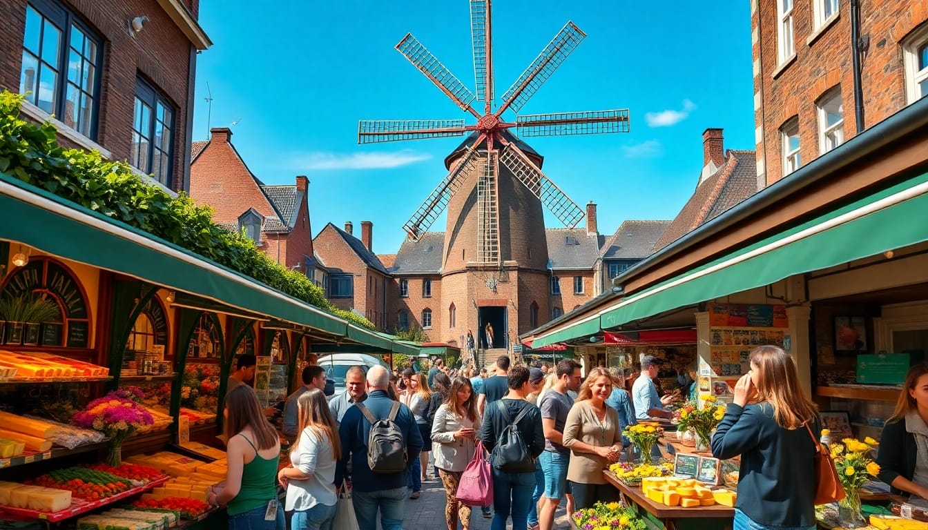 Leideninbeeld.nl toont een levendige markt met een traditionele windmolen in het hart van Leiden.