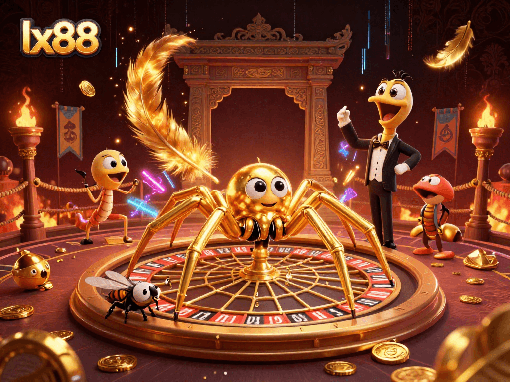 Place bets at LX88 with a golden spider and croupier in a rich casino scene.
