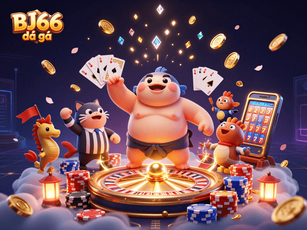 Cá cược BJ66 đá gà nhiệt huyết trong đấu trường, với cá nóc, cá trê và khán giả ngắm nhìn.