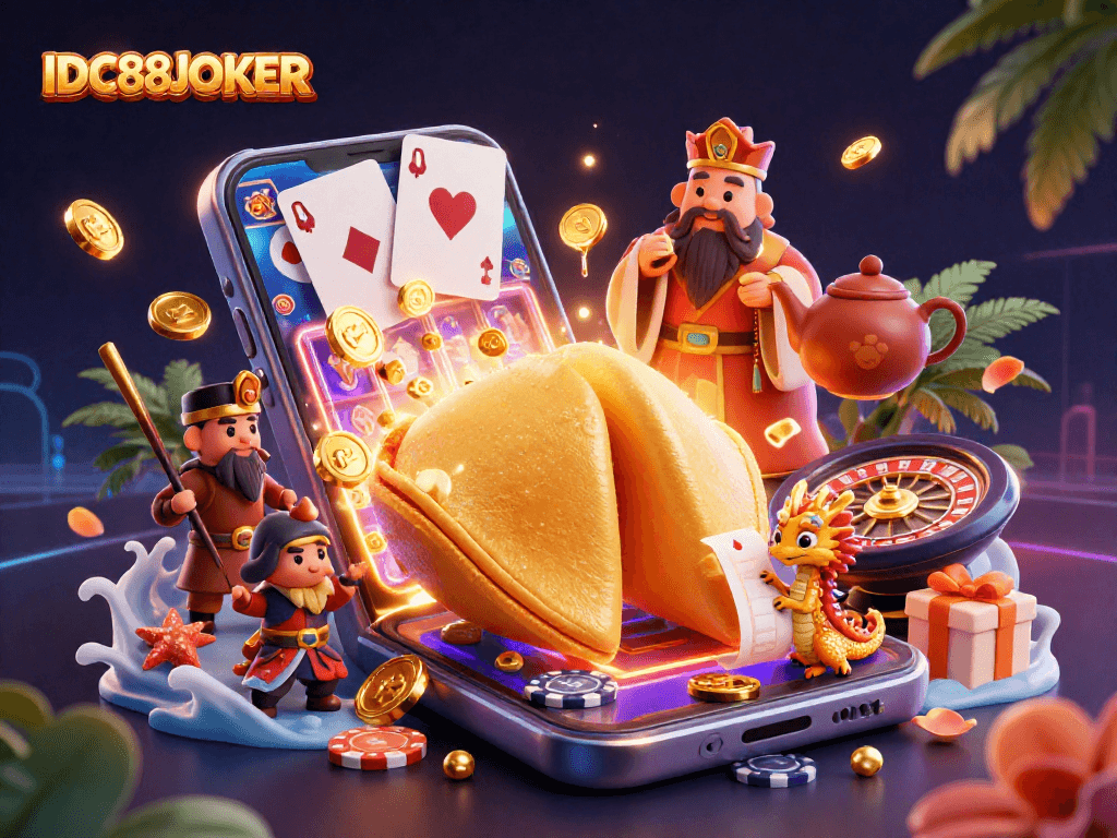 Engage with exciting slot games at IDC88JOKER featuring a vibrant 3D illustration of fortune-themed gameplay.