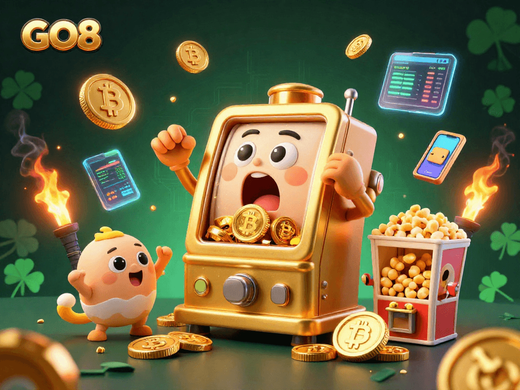 Experience GO8's thrilling jackpot with golden slot machines and cryptocurrencies showered in coins.