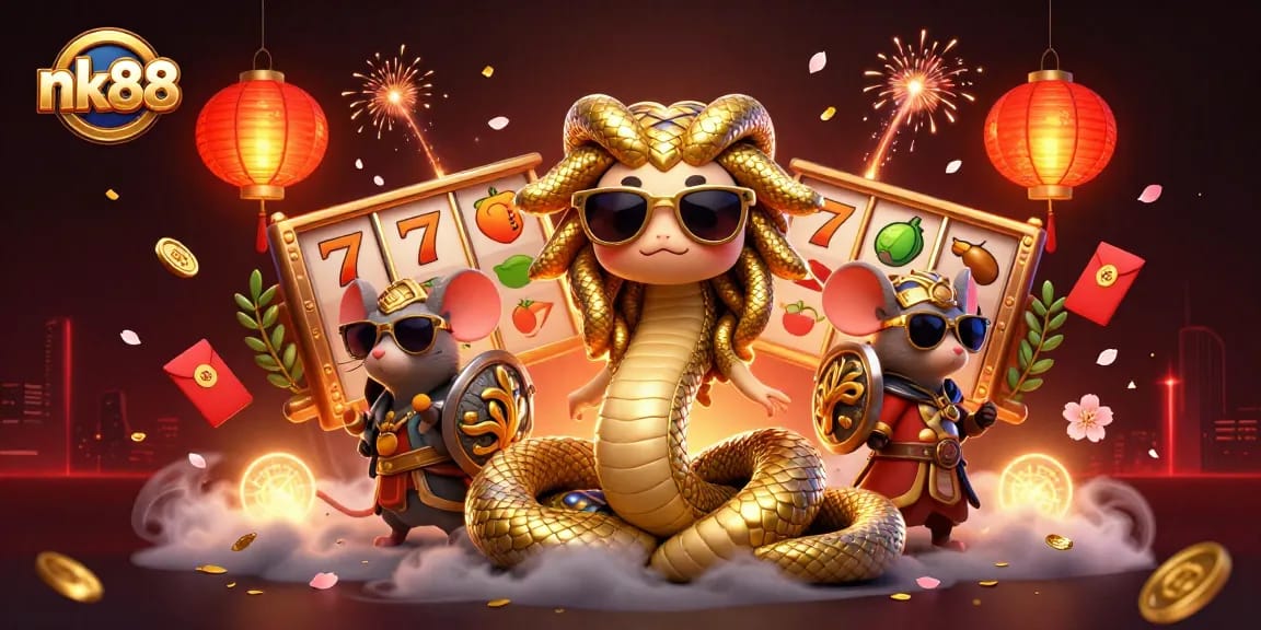 Engage with nk88's vibrant slots scene featuring Medusa and a warrior mouse amidst swirling coins and lanterns.