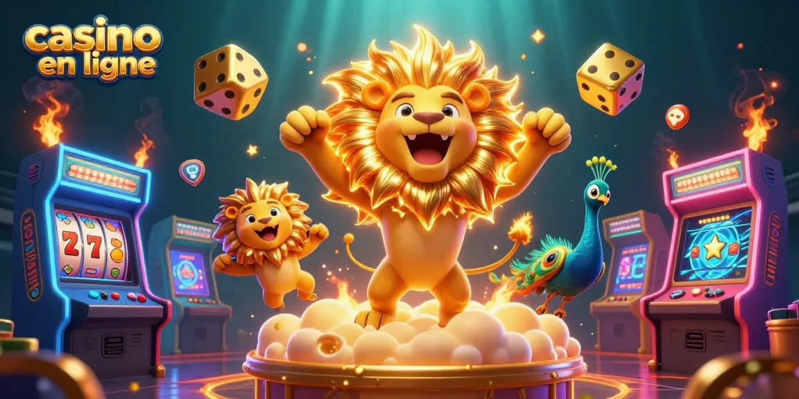 Image illustrant le monde des casinos en ligne avec un lion solaire et des dés en or, jouant à des machines à sous.