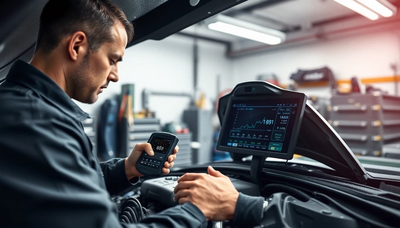 Engine diagnostics and repair services performed by a skilled technician in a bright garage setting.