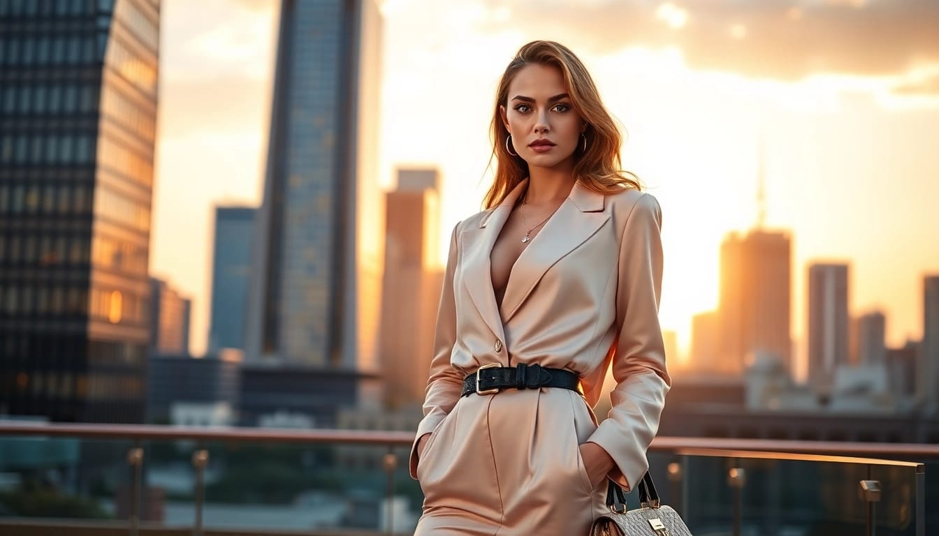 Showcasing a luxurious outfit from Rebel Designerwear in an elegant urban setting.