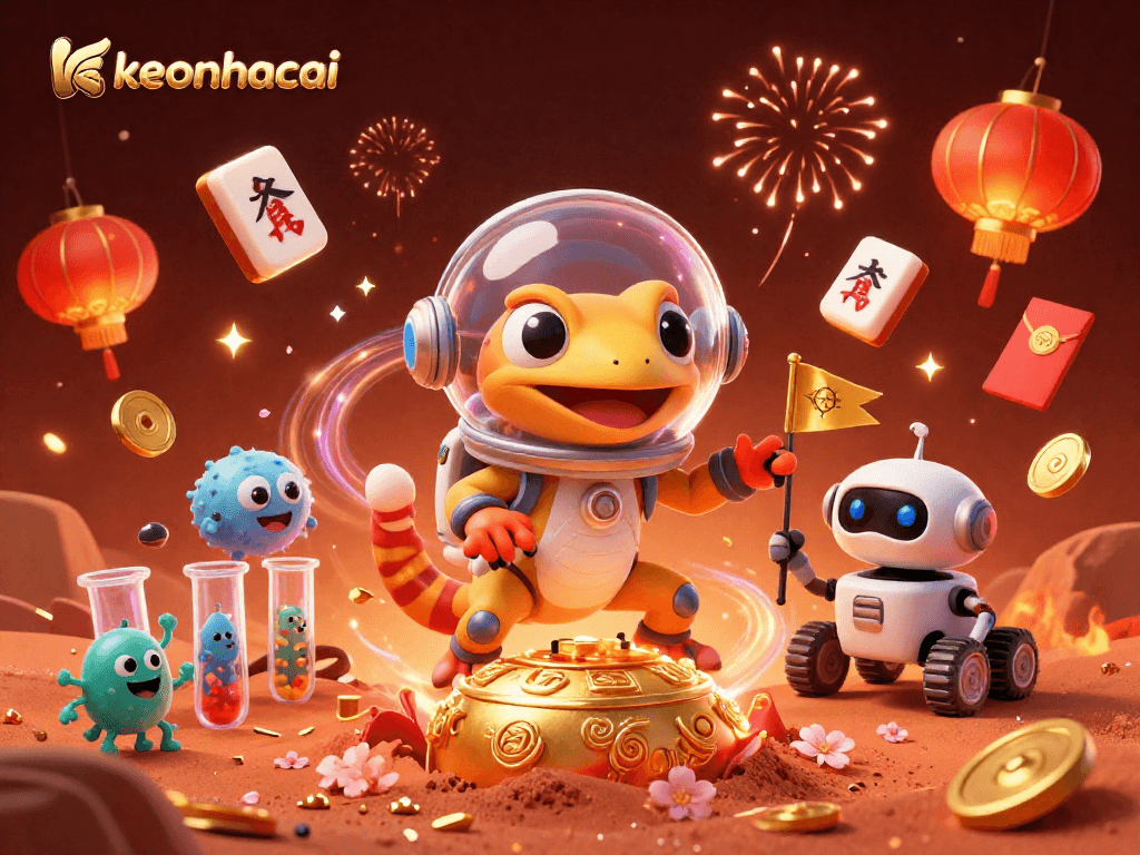 Win big with keonhacai in a colorful casino world with Martian characters and festive game elements.
