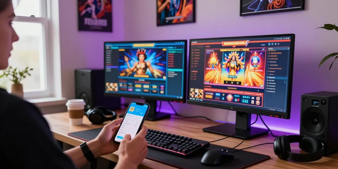 Engaging online gambling scene at https://www.modernrussia.com/mpocash/ showing vibrant slot games on screens with gaming accessories.