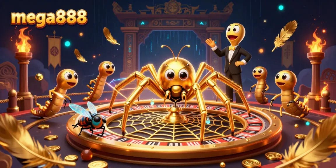 Spin to win with mega888's golden roulette wheel and lively gambling characters.
