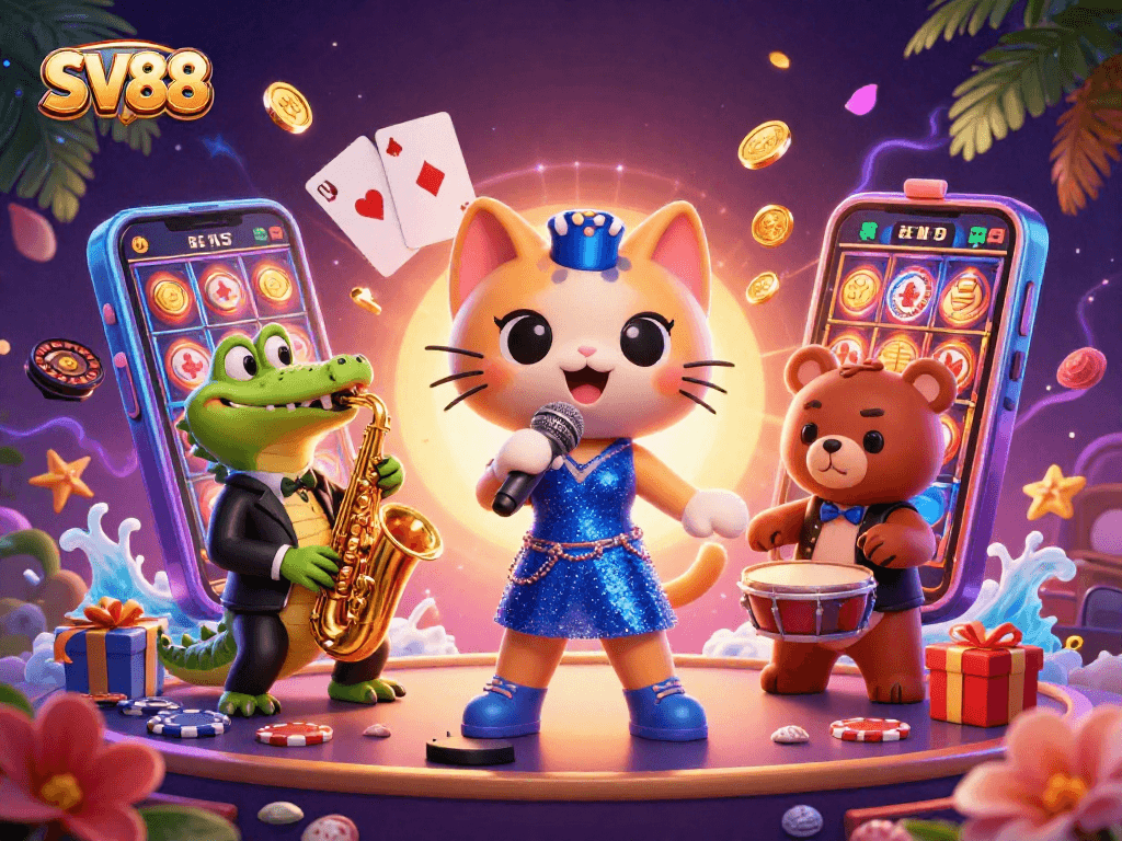 SV88 captivates players with lively casino ambiance featuring a jazz-singer cat and gaming elements.